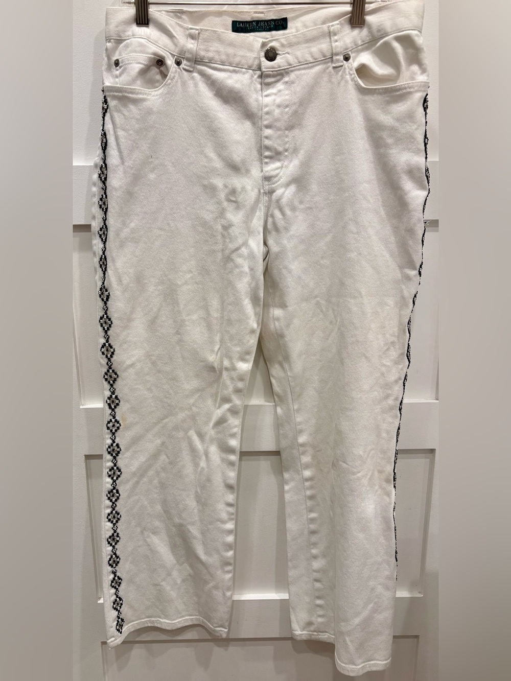 Vintage Ralph Lauren White Pants with Black Beaded Embroidery